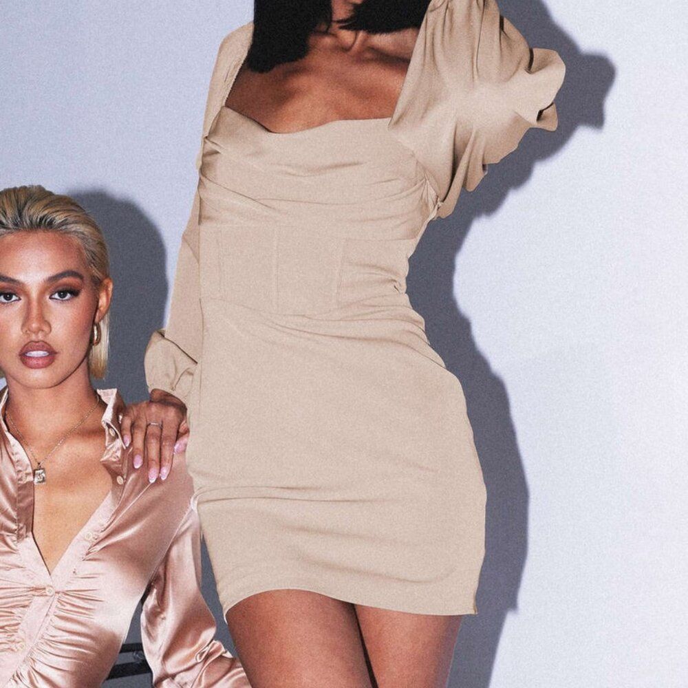 NWT Princess Polly Lillie Long Sleeve Mini Dress Beige